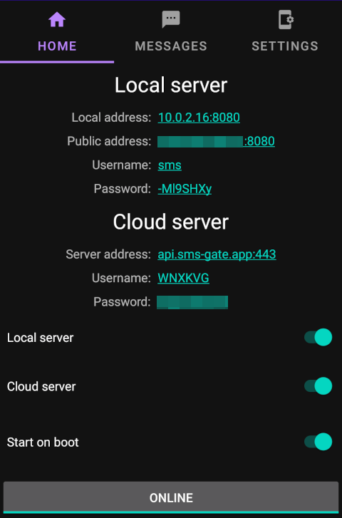 SMS Gateway main screen